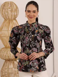 Lative Colours of Fashion Paisley Printed Mandarin Collar Puff Sleeves Cotton Top