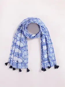 Ravaiyaa Hand Block Lotus Printed Cotton Tasseled Scarf
