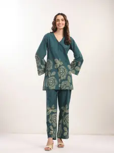 JISORA Printed V Neck Cotton Top With Trousers Co-Ords