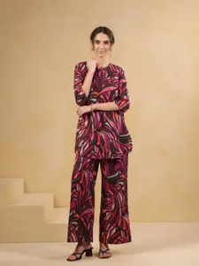 JISORA Printed Round Neck Cotton Top With Trousers Co-Ords