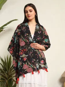 Ravaiyaa Peacock Hand Block Printed Cotton Tasseled Scarf