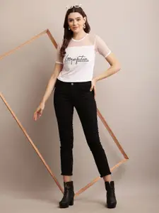 Raabta Fashion Women Typography Printed Semi Sheer Round Neck Top