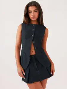KPOP Black Solid Round Neck Waistcoat & Skirt Co-Ords