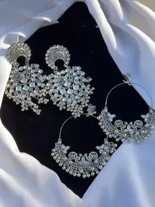 Sangria Set Of 2 Silver-Plated Artificial Beaded Contemporary Oxidised Drop Earrings