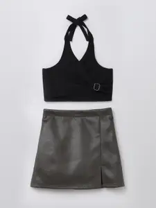 taffykids Girls Tie Up Halter Neck Crop Top With Skirt