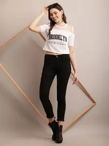 Raabta Fashion Women Typography Printed Cold-Shoulder Sleeves Crop Top