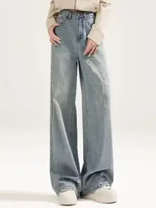 StyleCast Women Straight Fit High-Rise Low Distress Light Fade Crinkle Jeans