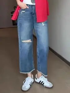 StyleCast Women Straight Fit Mid-Rise Highly Distressed Light Fade Cropped Jeans