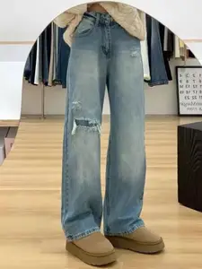 StyleCast Women Straight Fit High-Rise Mildly Distressed Light Fade Jeans