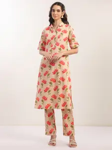 JISORA Printed Shirt Collar Neck Cotton Top With Trousers Co-Ords