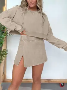 KPOP Khaki Round Neck Sweatshirt with Skirt Co-Ords