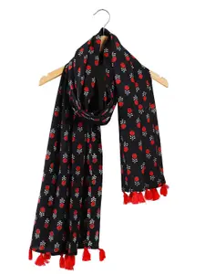 Ravaiyaa Women Hand Block Floral Printed Cotton Tasseled Scarf