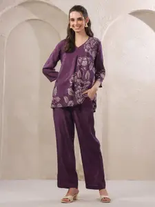 JISORA Printed V Neck Cotton Top With Trousers Co-Ords