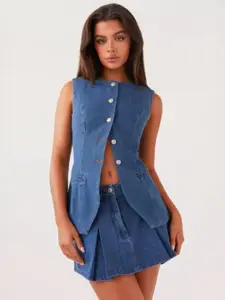 KPOP Blue Solid Round Neck Sleeveless Waistcoat & Skirt Co-Ords