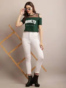 Raabta Fashion Typography Printed Cold-Shoulder Sleeves Crop Top