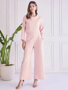 SRUTVA FASHION Peach Round Neck Long Sleeves Top With Palazzo Co-Ords