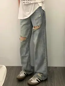 StyleCast Women Straight Fit High-Rise Highly Distressed Light Fade Jeans