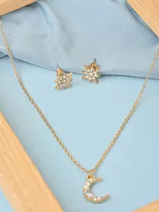 ToniQ Gold Plated Cubic Zirconia Studded Crescent Moon Necklace and Earrings Jewellery Set
