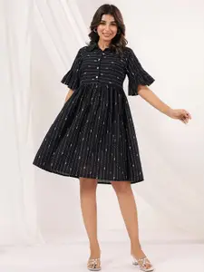 Janasya Women Black Cotton Striped Fit and Flare Dress