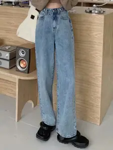 StyleCast Women Wide Leg High-Rise Clean Look Light Fade Non Stretchable Jeans