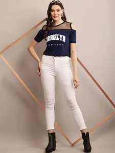 Raabta Fashion Women Typography Printed Cold-Shoulder Sleeves Top