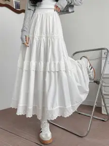 Outzidr Women A-Line Midi Skirt With Lace Detail