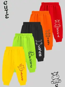 KUCHIPOO Kids Pack Of 5 Printed Mid-Rise Joggers