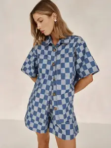 KPOP Checked Shirt Collar Short Sleeve Shirt With Shorts Co-Ords