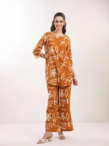 JISORA Printed V Neck Cotton Top With Trousers Co-Ords