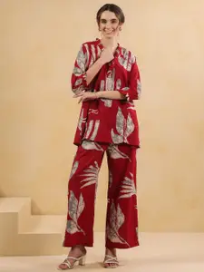 JISORA Printed V Neck Cotton Top With Trousers Co-Ords