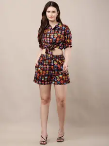 Moda Rapido Conversational Printed Tie-Up Crop Shirt With Shorts