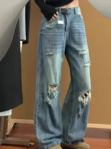 StyleCast Women Wide Leg High-Rise Distressed Medium Fade Jeans