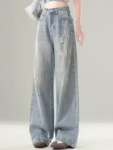 StyleCast Women Cotton Wide Leg High-Rise Low Distress Light Fade Jeans