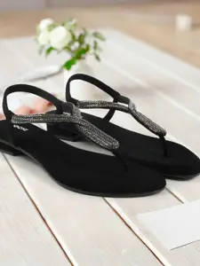 Mochi Women Embellished T-Strap Flats