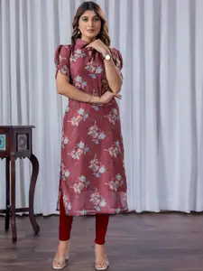 Sun Fashion And Lifestyle Women Floral Printed Puff Sleeves Shirt Collar Straight Kurta