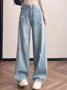 StyleCast Women Regular Fit High-Rise Mildly Distressed Light Fade Jeans