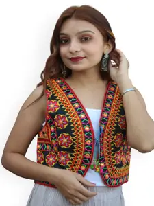 Prijam Floral Embroidered Sleeveless Thread Work Cotton Crop Shrug