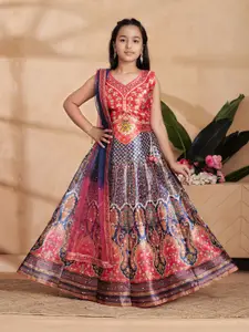 BAESD Girls Ethnic Motifs Printed Mirror Work Ready to Wear Lehenga & Blouse With Dupatta