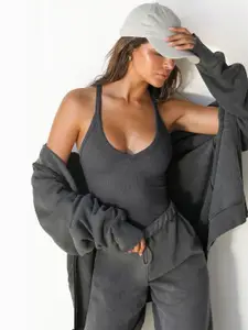 StyleCast Women Grey Ribbed Scoop Neck Regular Top