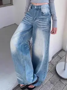 StyleCast Women Wide Leg Mid-Rise Heavy Fade Cotton Jeans