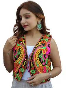 Prijam Floral Embroidered Sleeveless Thread Work Cotton Crop Shrug
