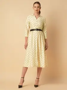 Chemistry Women Polka Dots Printed Shirt Collar Belted Shirt Midi Dress
