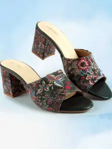 Metro Women Floral Printed Open Toe Block Heels Mules