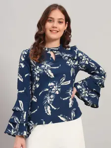 N1F FASHION Floral Print Choker Neck Flared Sleeves Satin Shirt Style Top
