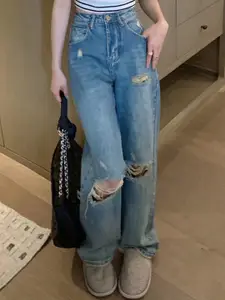 StyleCast Women Straight Fit High-Rise Distressed Medium Fade Jeans