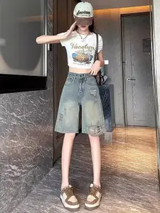 StyleCast Women Washed Distressed Loose Fit High-Rise Jorts Shorts