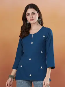 MOKOSH Women Ethnic Motifs Embroidered Round Neck Thread Work Straight Kurti
