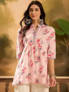 Sangria Floral Printed Embroidered Straight Kurti