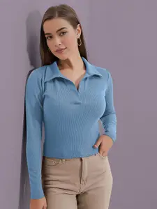 Dream Beauty Fashion Women Ribbed Shirt Collar Fitted Top
