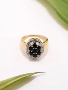 Exotic India 925 Sterling Silver Gold-Plated Oval Shape Faceted Onyx-Studded Finger Ring